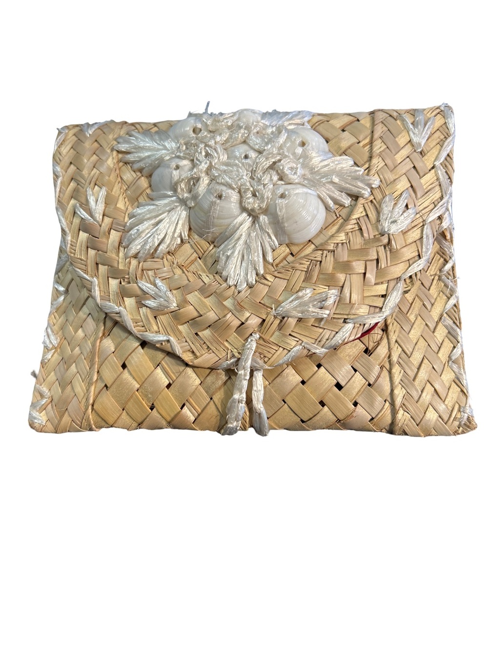 Vintage Woven Straw Seashell Envelope Clutch Purse Boho Beach Resort Printed Lin